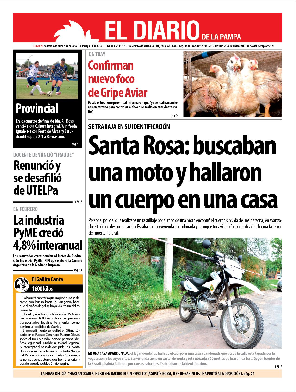 Tapa de El Diario en papel  lunes 20 de marzo de 2023